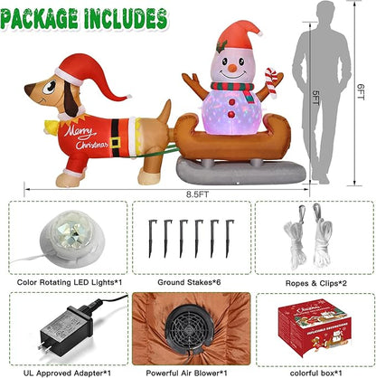 8 Ft Outdoor Inflatable Snowman Christmas Decoration with Rotating LED Lights, Dog Inflatable Xmas Yard Decor