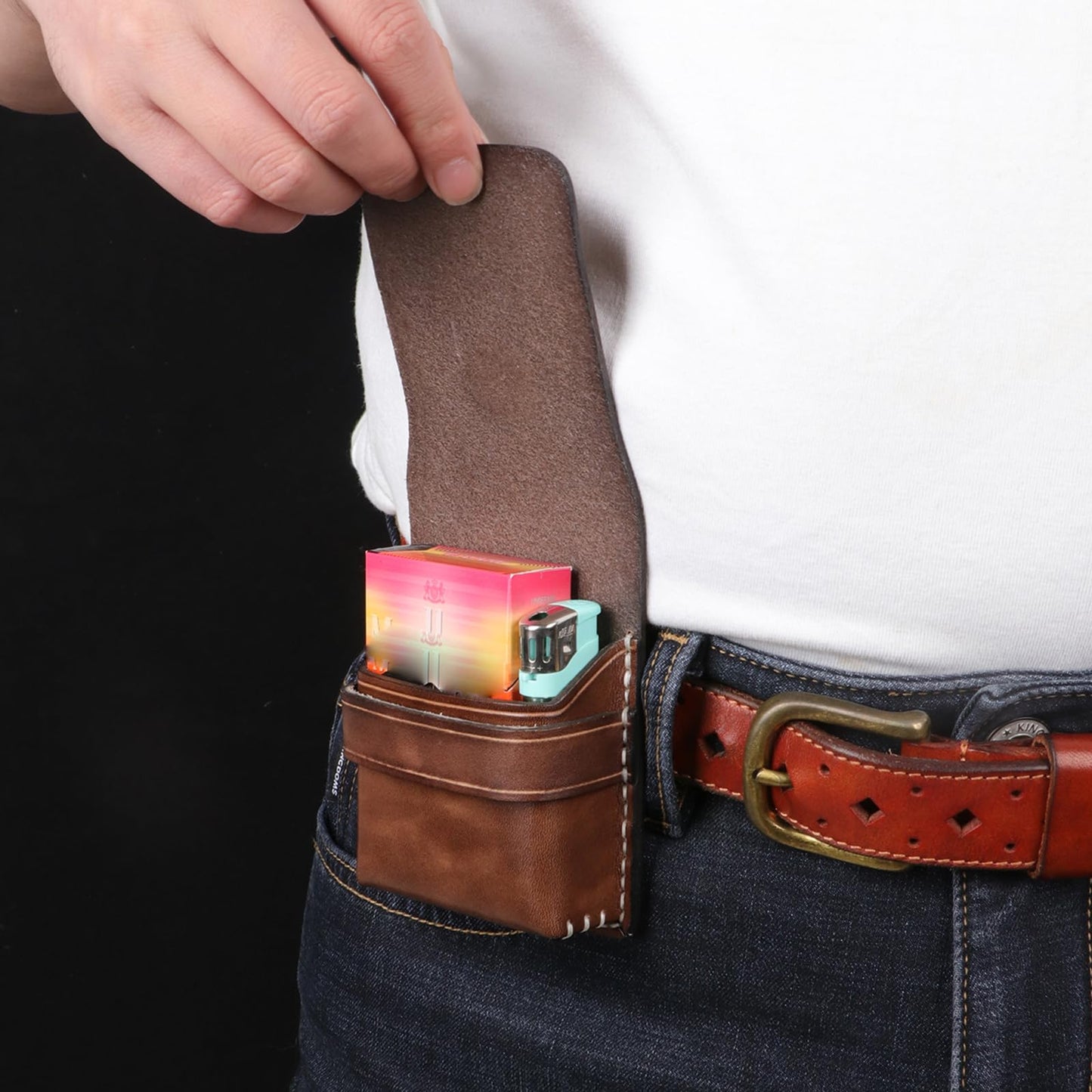 Tourbon Leather Cigarette Box Case Pouch Lighter Holder Playing Cards Secure Storage with 1.7" Belt Loop Travel Accessory
