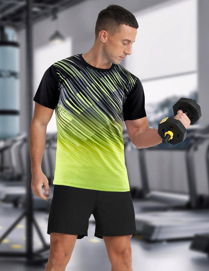 Men's Athletic T-Shirt Performance Gym Shirt Quick Dry Moisture Wicking Running Workout Outdoor Activities Short Sleeve Tops Yellow Stripes L