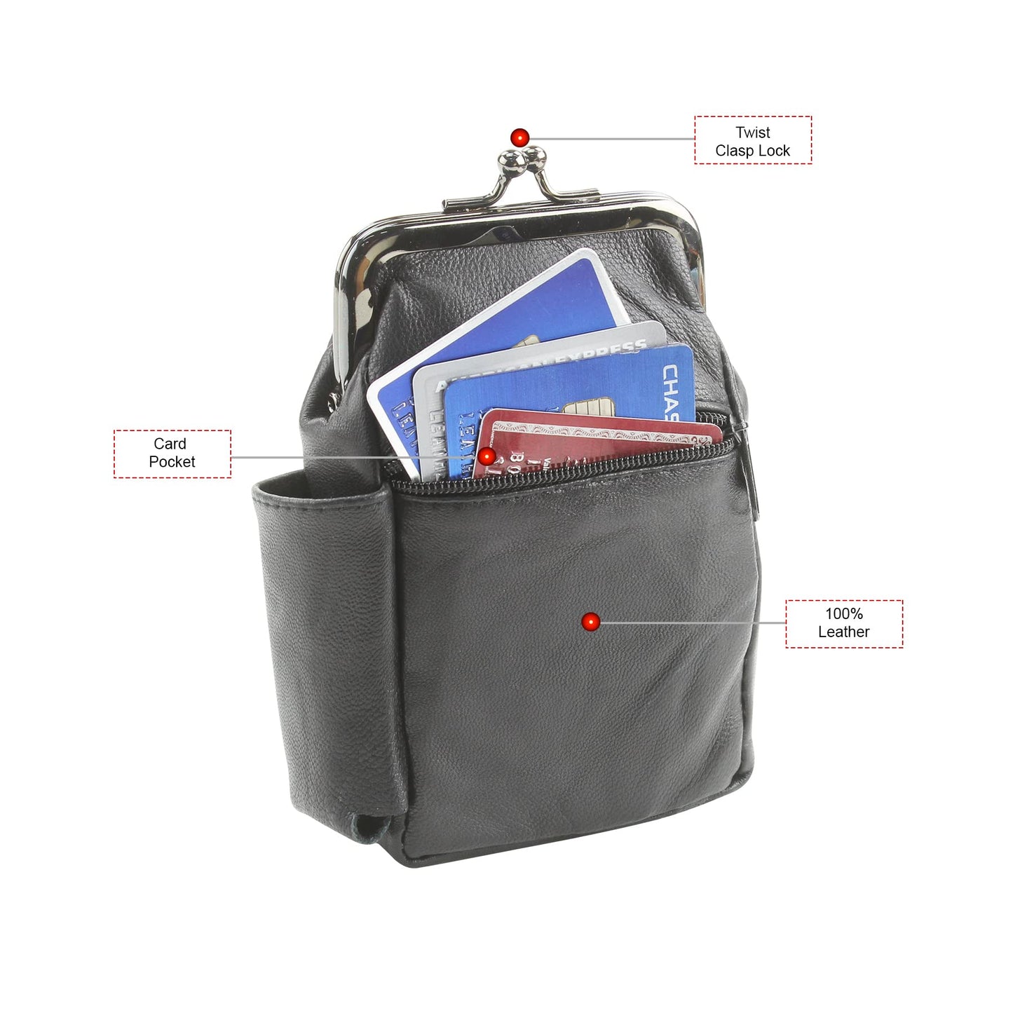 Leather Impressions Twist Clasp Leather Case - Compact Zipper Wallet for Cards, Cash, and Keys