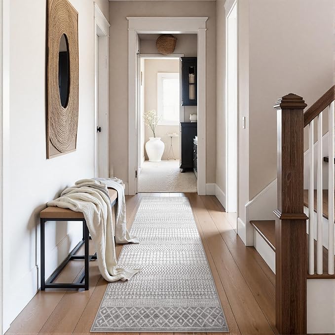 Washable Kitchen Rug Runner, 2'6''x8' Non Slip Washable Grey Long Runner Rugs, Low-Pile Non-Shedding Hallway Rug Carpet Runners for Entryway Kitchen Bedroom Bathroom
