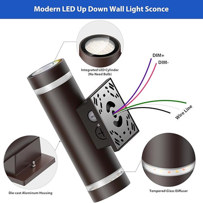 dephen Outdoor Up Down Wall Light, Dusk to Dawn LED Exterior Sconces Light 3000K/4000K/5000K /10W/20W/30W Adjustable, Brown Aluminum Modern Cylinder Porch Lights (UL-Listed)
