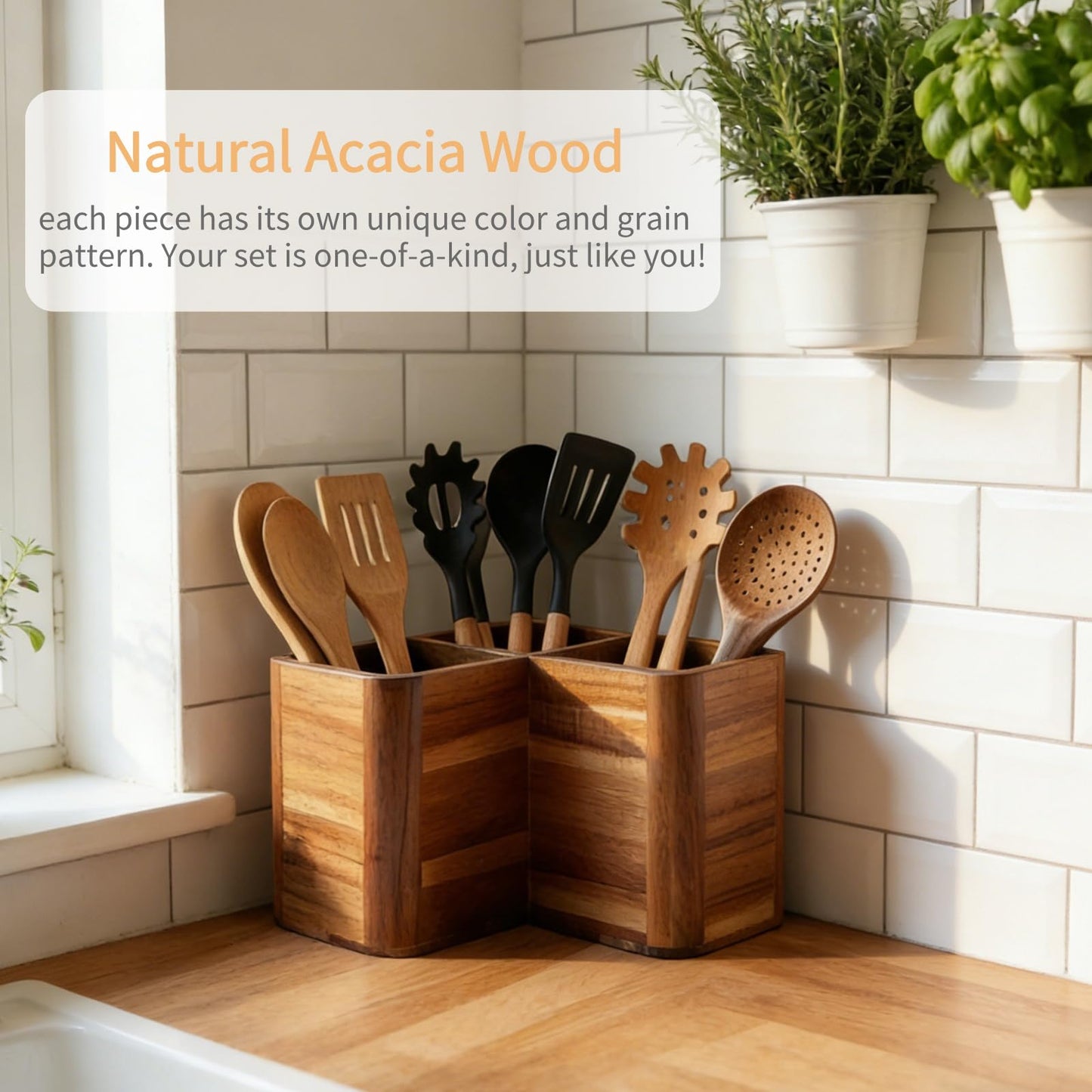 Liberal Brightdeer Large Kitchen Utensils Holder with 3 Compartments,Corner Utensil Caddy for Countertop,Acacia Wooden Utensil Organizer for Kitchen Countertop, Farmhouse Decor