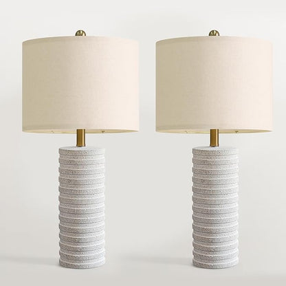 PoKat 27" Stone-Like Farmhouse Ceramic Table Lamps Set of 2 for Bedroom, Rustic Nightstands Lamps for Night Stands, Distressed Neutral Bedside Lamps with Natural Textured for Living Room, Home Decor