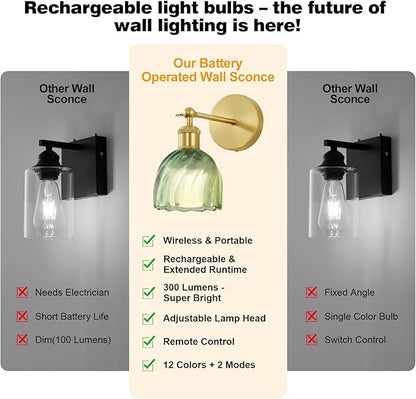 Vintage Battery Powered Cordless Wall Sconce Set of 2, Battery Wall Sconce with Green Glass Lampshade, Rechargeable Battery Powered Wall Lights with Remote Control for Bedside Bedroom Doorway