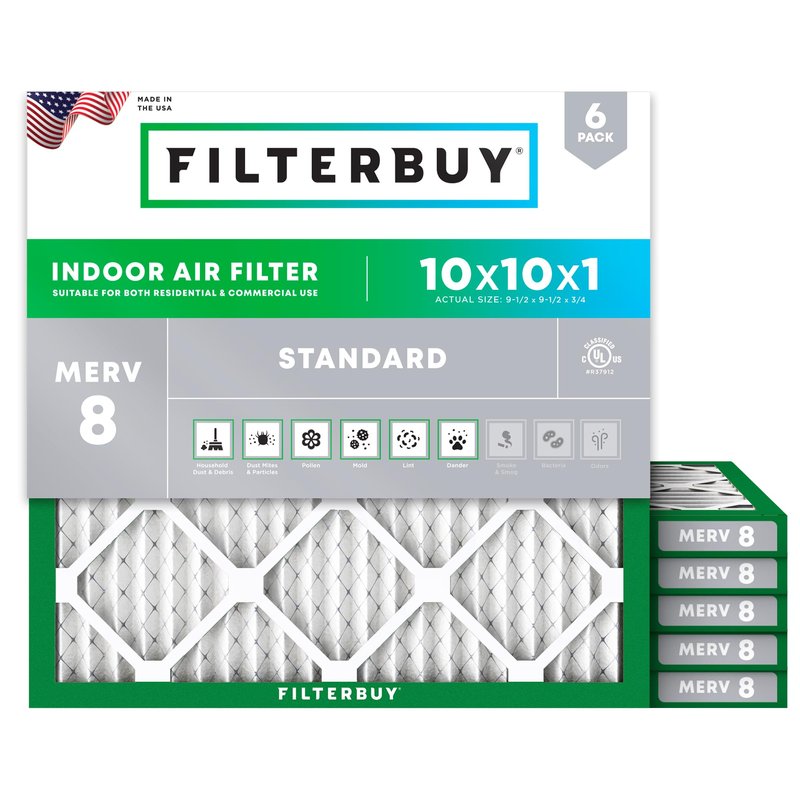 Filterbuy 10x10x1 Air Filter MERV 8 Essential Dust & Allergy Defense (6-Pack), Electrostatic Pleated HVAC AC Furnace Filters Replacement, Made in USA (Actual Size: 9.50 x 9.50 x 0.75)