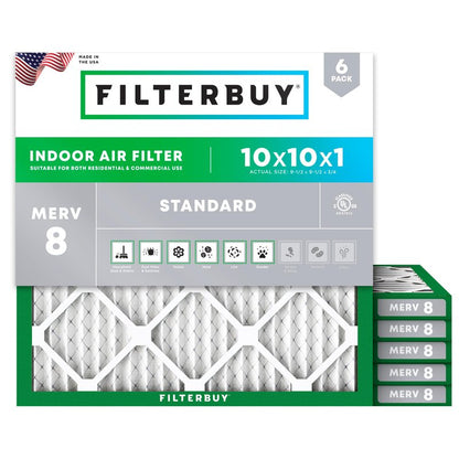 Filterbuy 10x10x1 Air Filter MERV 8 Essential Dust & Allergy Defense (6-Pack), Electrostatic Pleated HVAC AC Furnace Filters Replacement, Made in USA (Actual Size: 9.50 x 9.50 x 0.75)