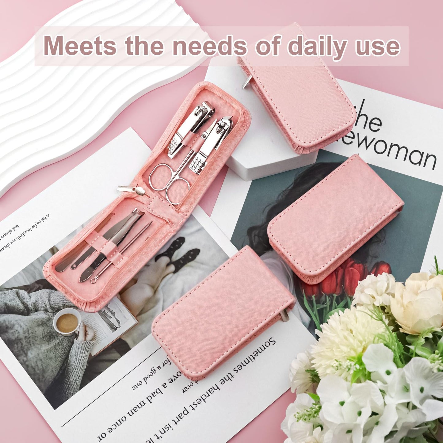 Manicure Set Bulk, Nail Clippers Kit Stainless Steel Fingernail Clippers Set, Sturdy Nail Tip Cutter Trimmers Professional Grooming Toenail Clippers Personal Pedicure Kits 8 in 1 (Pink 12 Pack)