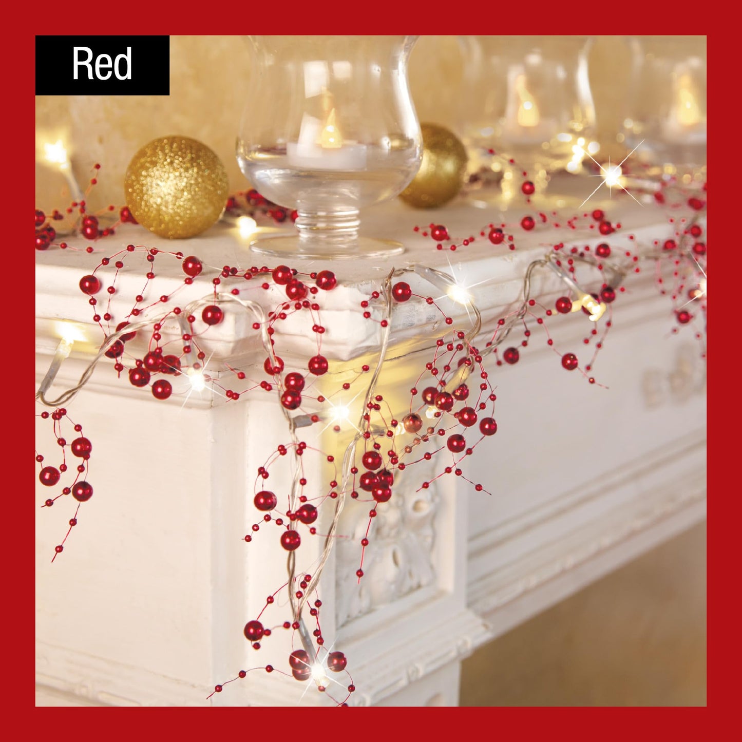 Collections Etc Indoor Christmas Decorations, Festive Lighted Berry Beaded Garland Gold- 120" L