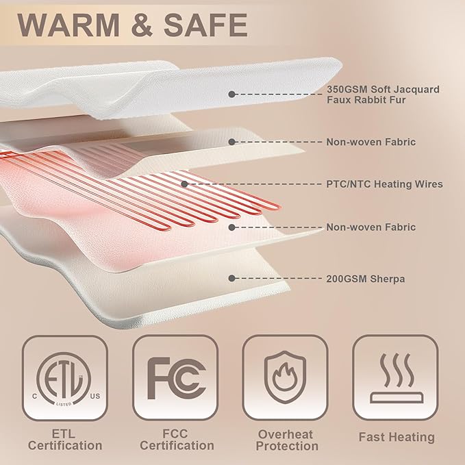 Heated Blanket King Size, Dual Control,Soft Faux Rabbit Fur Electric Blanket 90"x 100" with Overheat Protection, 6 Heating Levels & 10H Auto Off, ETL Certification（Cream）
