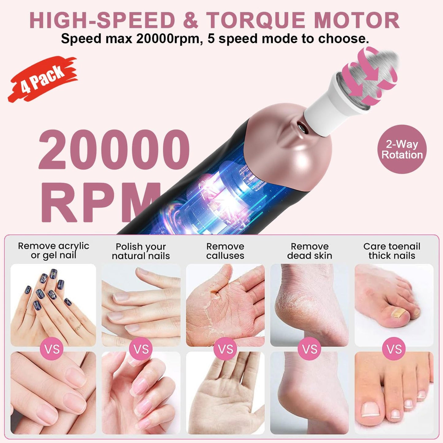 Professional Manicure Pedicure Kit, 9 in 1 Cordless Nail Drill with 100 pcs Nail Drill Bits Sanding Bands, Nail Grinder for Human, 5 Speeds, Nail Dremel Kit for Home and Salon Use
