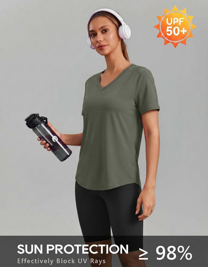 PINSPARK Breathable T-Shirts for Women Short Sleeve V Neck Moisture Wicking Workout Tops Quick Dry Lightweight Athletic Gym Shirts,Olive Green X-Large