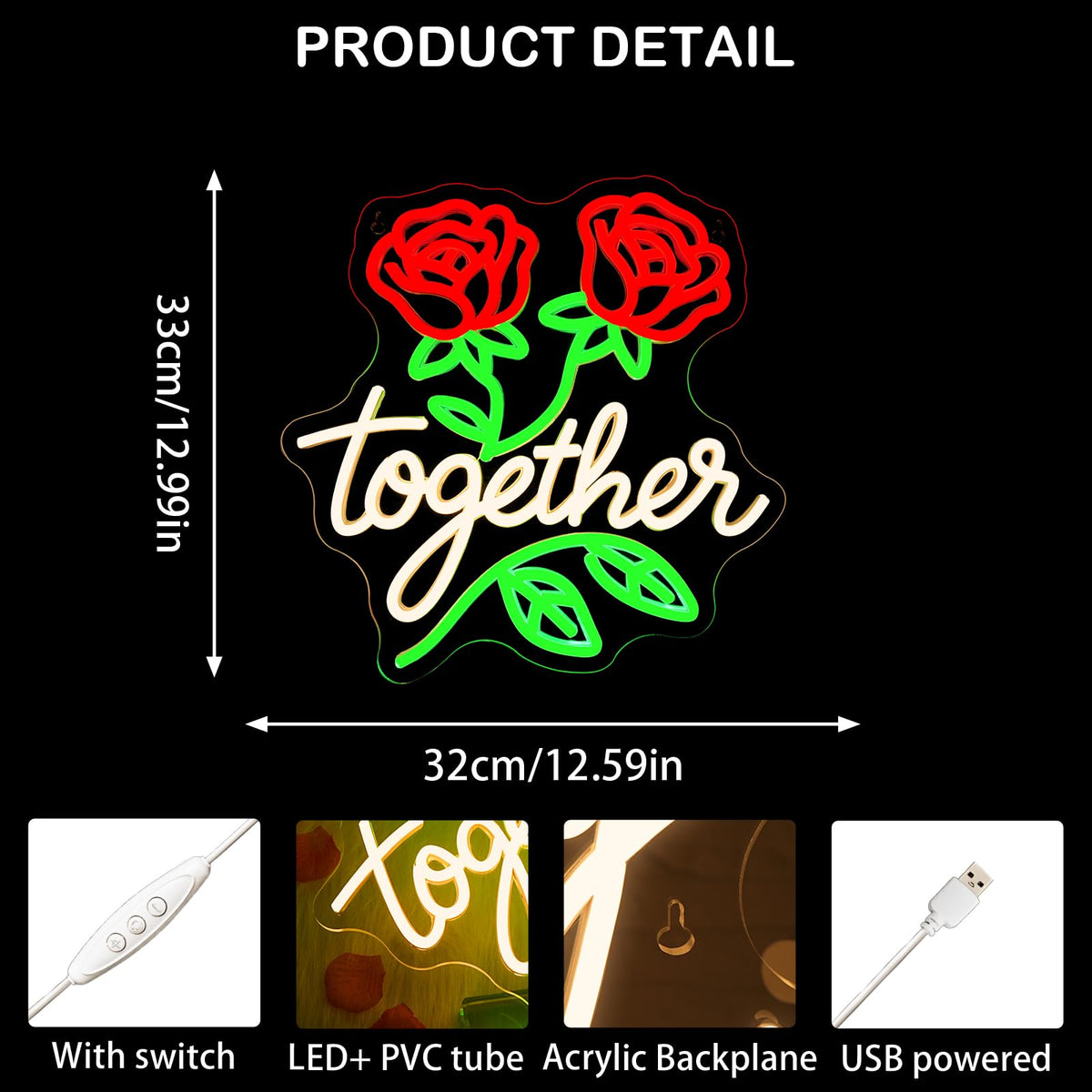 Looklight Together Neon Sign Wedding Neon Signs for Wall Decor Flower Light Happy Anniversary Sign Rose Wall Decor Led Lights for Anniversary Celebration Wedding Party Bedroom Home Decorations Gifts
