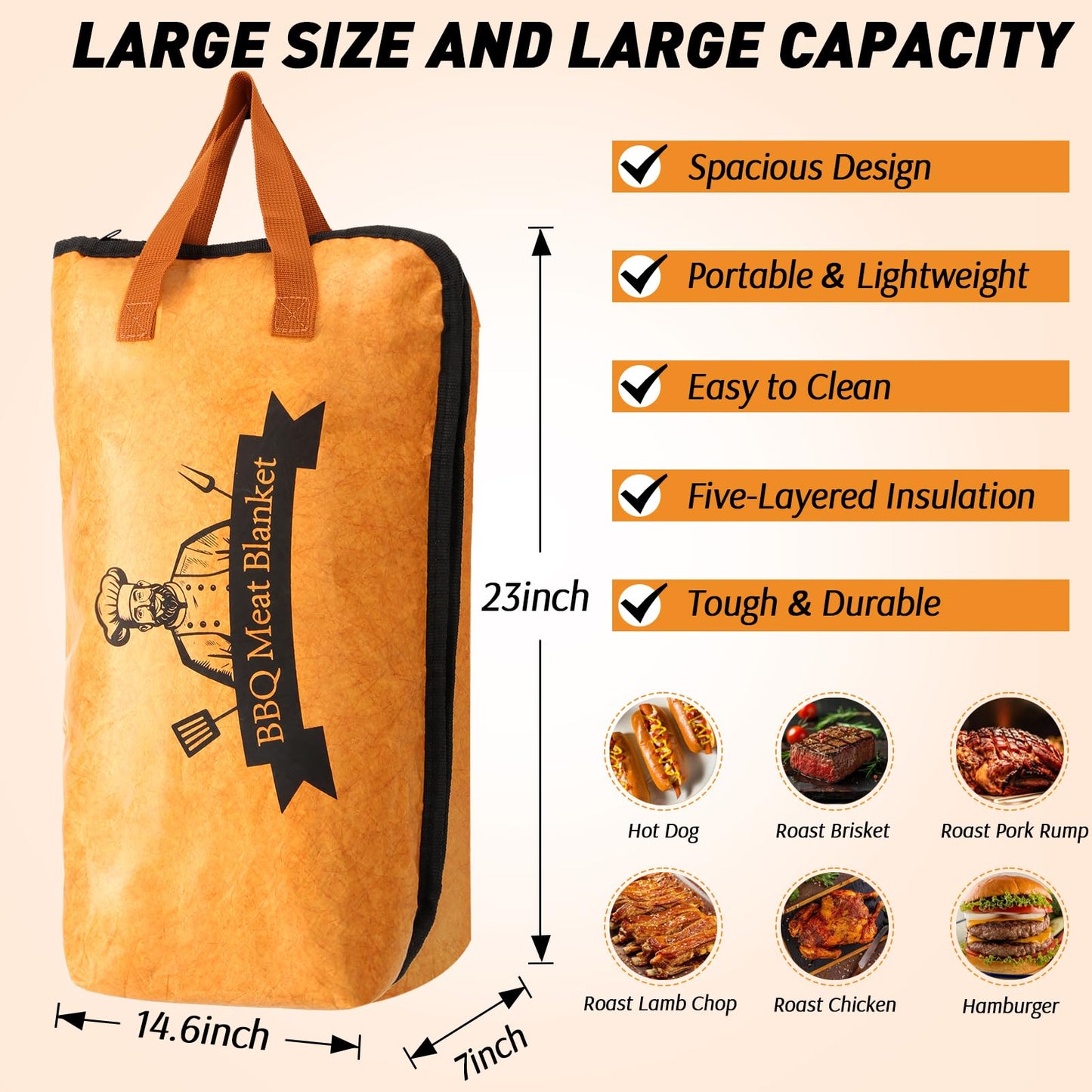 BBQ Blanket for Resting Meat Compatible with Smoker Grill, Reusable Pellet Smoker Meat Insulated Resting Bag with Wide Mouth for Large Brisket/Beef,Gifts for Men Him Dad, Accessories (23 inch)