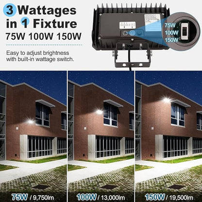 150W LED Flood Light with Dusk-to-Dawn Photocell, 130lm/W 5000K Daylight 100-277V IP65 Waterproof, 150W-100W-75W Adjustable, LED Parking Lot Light with Trunnion Mount, ETL