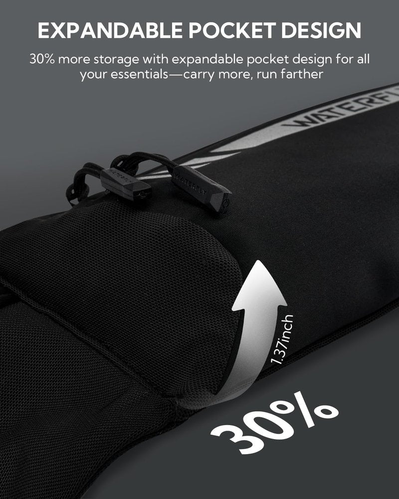 WATERFLY Running Belt Fanny Pack: Slim Breathable 4 Pocket Waist Bag for Men Women Sport Workout Exercise Fitness Phone Holder - Runner Marathon Jogging Waistband Fits ALL Phones Black