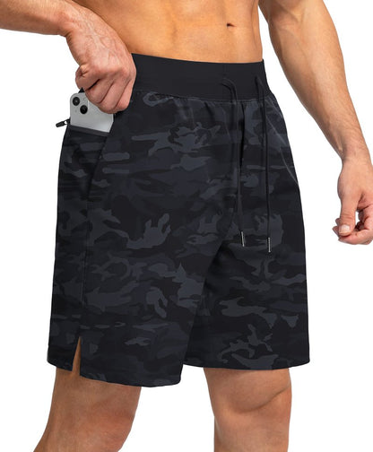 Soothfeel Men's Running Shorts with Zipper Pockets 7 Inch Lightweight Quick Dry Gym Athletic Workout Shorts for Men (Grey Camo, M)