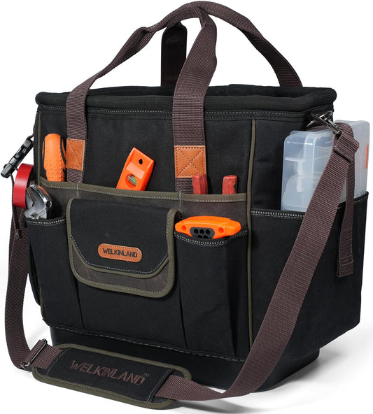 WELKINLAND 50-Pocket Electrician Tool Tote, Large Hard Bottom Tool Bag, Waxed-Canvas Tool Tote For Electrician, Heavy-Duty HVAC Service Bag, Easy-Access Open Top Tool Bag, Stay-Up Technician Tools Bag