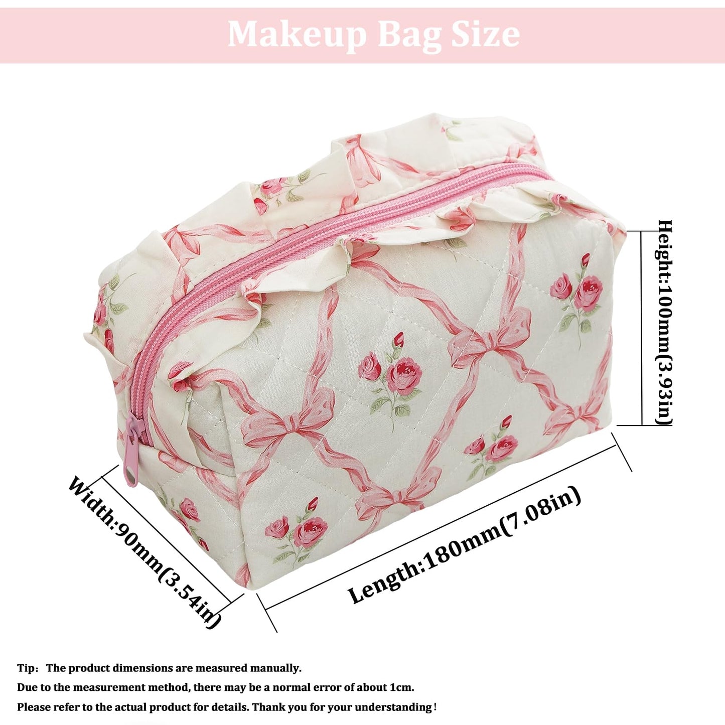 Cute Makeup Bag Travel Cosmetic Bag for Women,Small Floral Organizer Toiletry Bag Make Up Bags,Coquette Aesthetic Bowknot Toiletry Bag,Soft Cotton Cloth Travel Toiletry Bag (04 Pink Bow Flower)