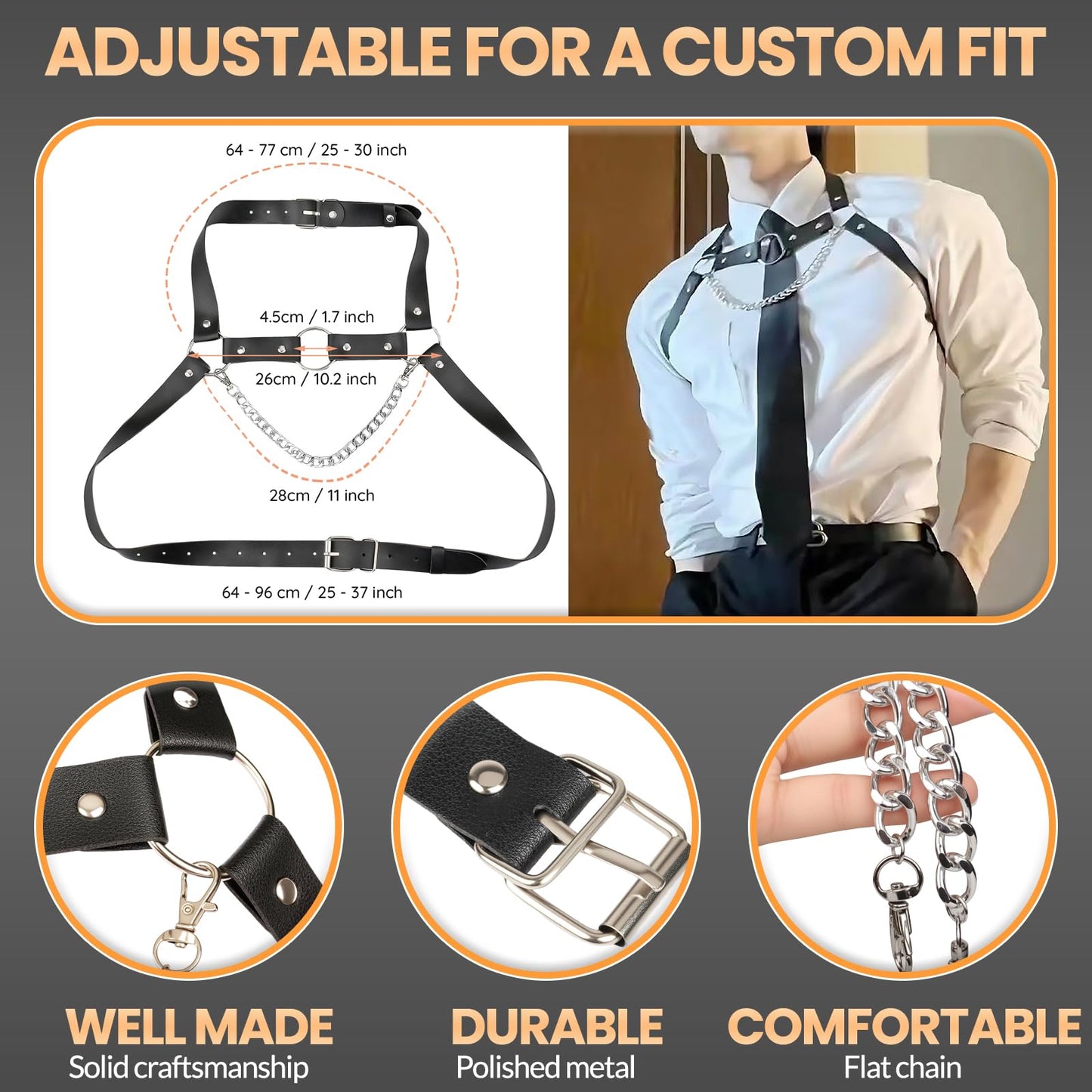 Men's PU Leather Chest Harness Belt with Chain, Adjustable Neck Harness Belt for Men, Male Punk Chest Shoulder Harness for Punk Cosplay, Muscle Show Clubwear Nightclub Stage Party Outfits X025