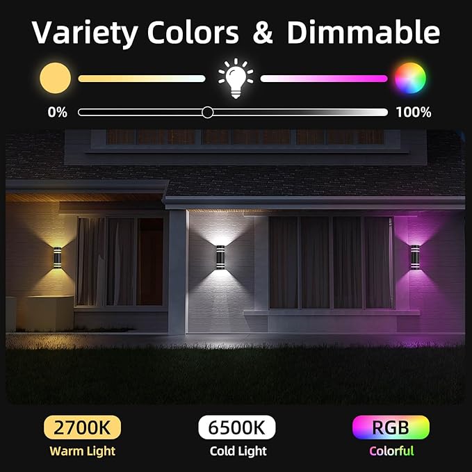 SHIMR Modern RGBCW Outdoor Wall Lights 2 Pack, Color Changing Outdoor Sconce Lights with APP Control, Black Cylinder Exterior Lighting Fixtures Aluminum Up Down Outside Lights for House [ETL Listed]