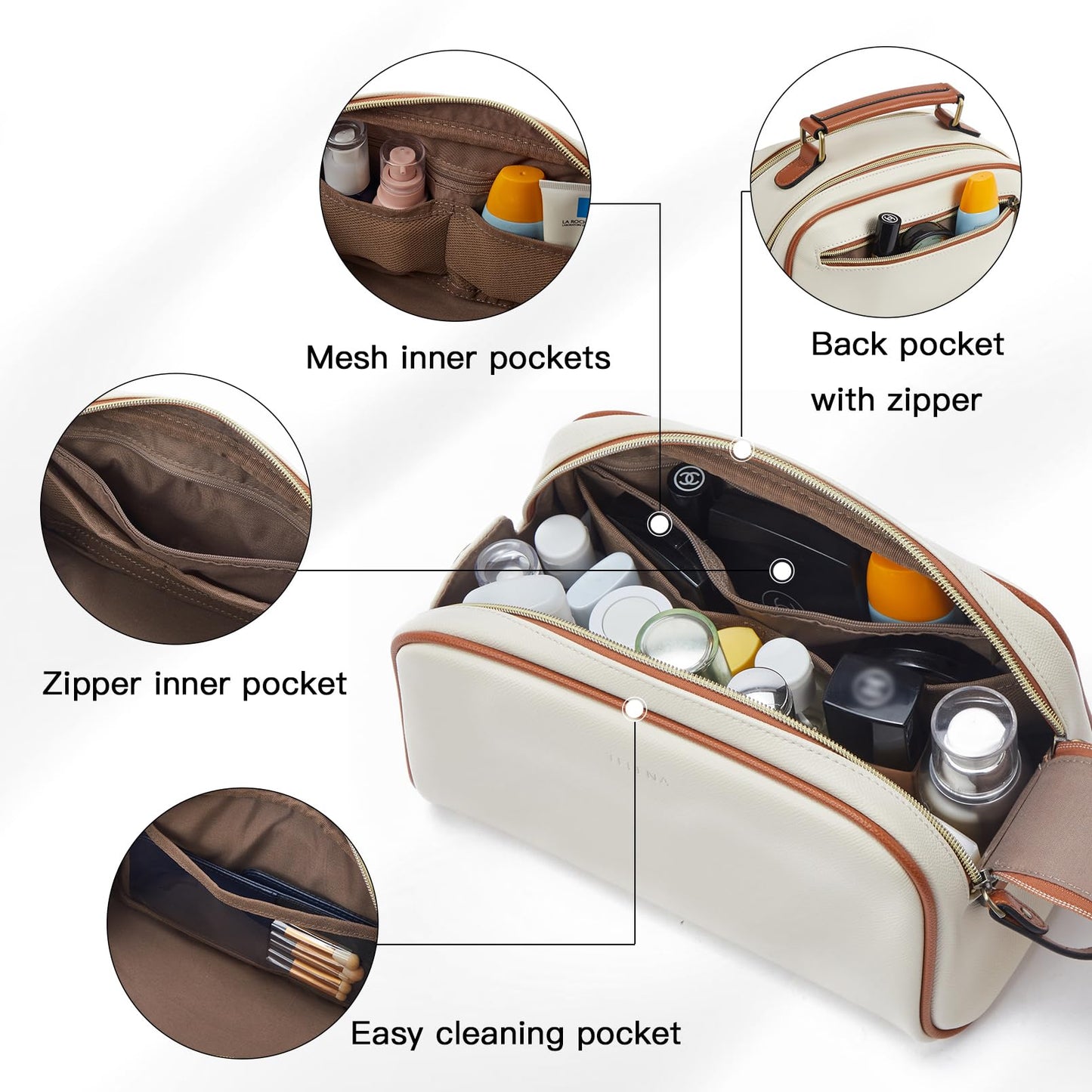 Telena Travel Toiletry Bag Makeup Cosmetic Bags for Women Waterproof PU Leather Toiletry Organizer Portable Large Capacity Beige with Brown