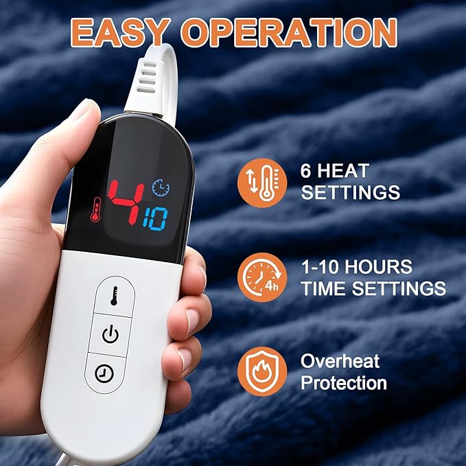 Heated Blanket Electric Throw Blanket 62''X 84''-Heating Blanket with 6 Heat Settings-10 Hours Auto Off,Cozy Faux Rabbit Fur Bubble Electric Blanket,Navy Blue