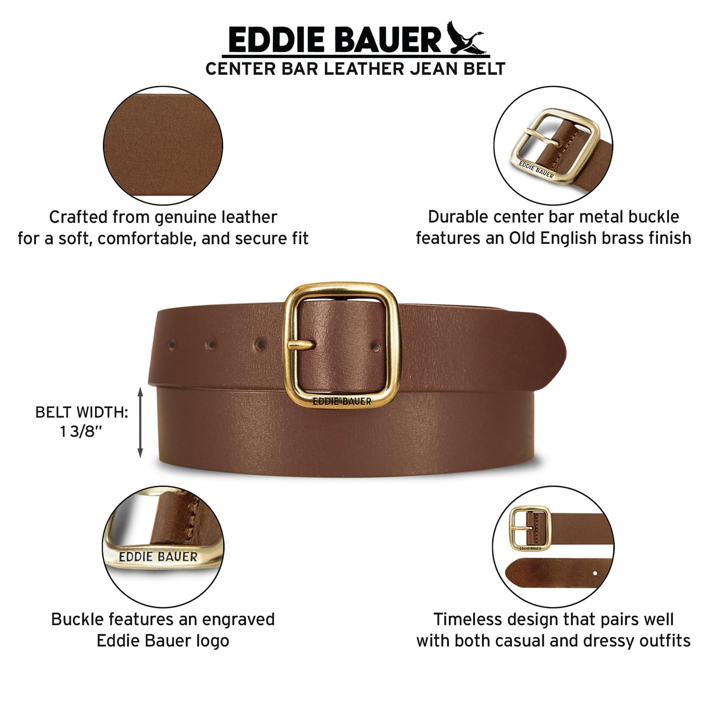 Eddie Bauer Women's Casual Leather Belts with Durable Metal Buckle, Center Bar - Black, XX-Large