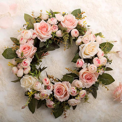 Ogrmar Artificial Flower Wreath/Handmade Floral Artificial Simulation Rose Flowers Garland Wreath for Home Front Door Christmas Wedding Party Decoration (Rose)