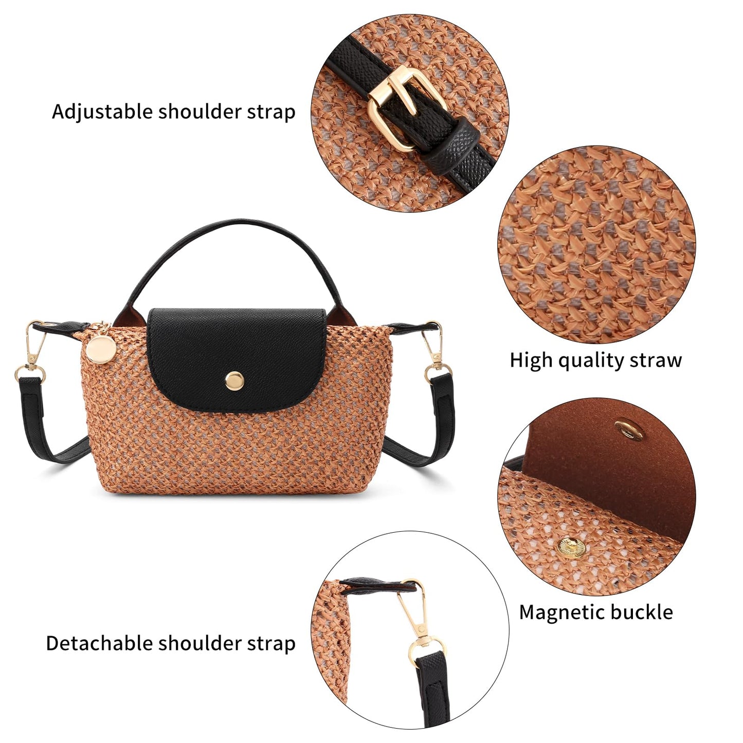 RNIEGA Mini Straw Braided Handbag for Women Vegan Leather Lightweight Crossbody Bag Fashion Handle Beach Shoulder Purse