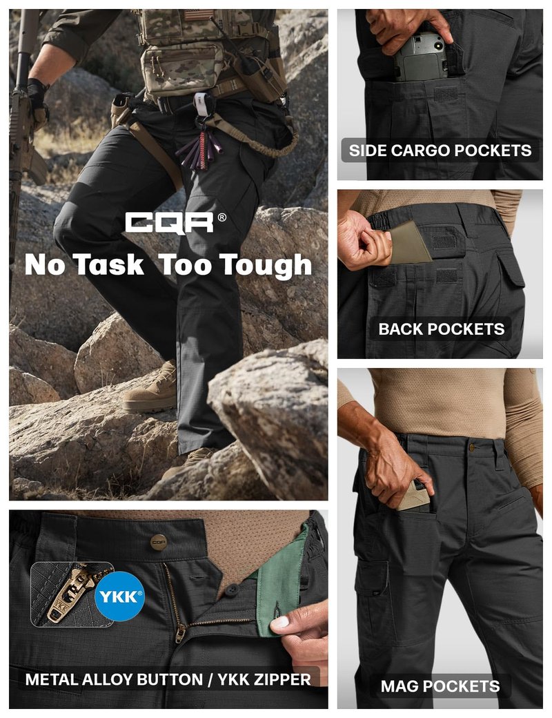 CQR Men's Tactical Pants, Water Resistant Ripstop Cargo Pants, Lightweight EDC Work Hiking Pants, Outdoor Apparel, Raider Black, 40W x 32L