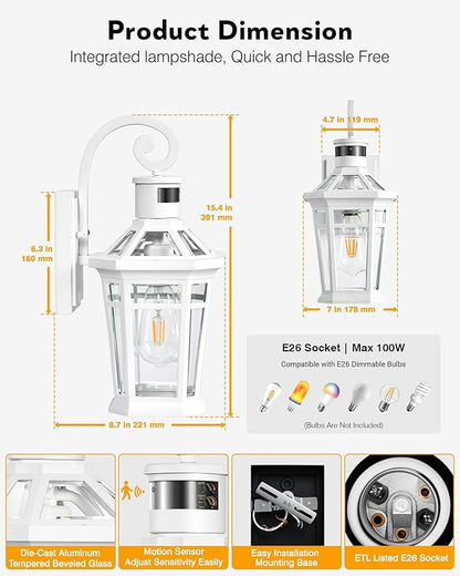 Motion Sensor Outdoor Wall Lantern, White Outdoor Lighting Fixtures Wall Mount, Dusk to Dawn Exterior Sconce Lights with Beveled Glass, Waterproof Exterior Front Porch Lights for Garage, Coach
