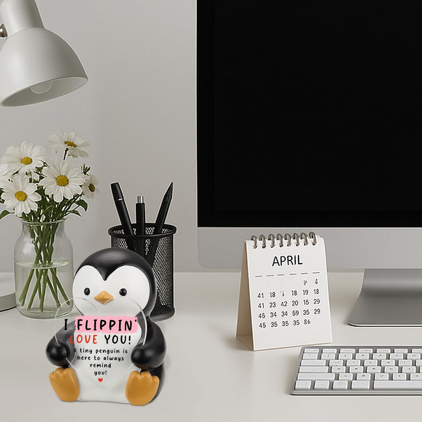 I Flippin’ Love You Penguin Figurine with Heart Plaque, Cute Penguin Collectible Desk Sign, Sentimental Gift for Friend, Family, Coworker, Birthday, Christmas, Anniversary Keepsake ES018