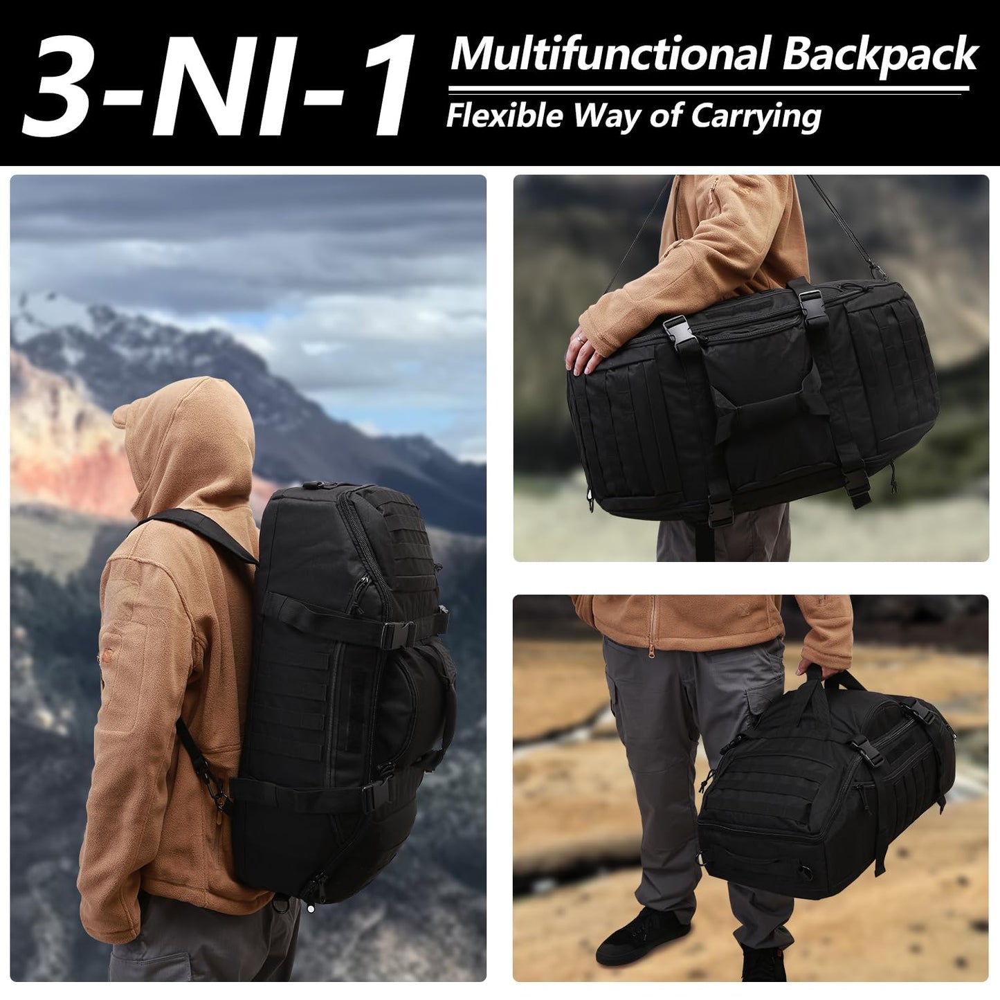 Hannibal Tactical 65L Large Duffle Bag, 3-in-1 Tactical Backpack MOLLE Pack for Sports, Gym, Outdoor, Black