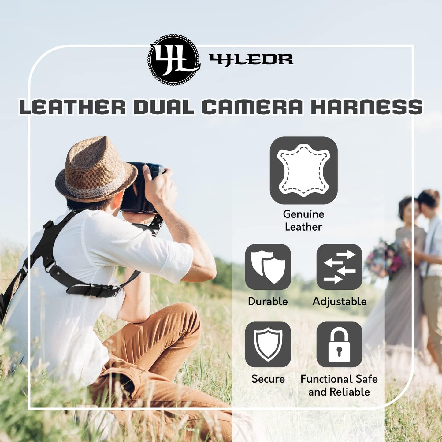 4J LEDR Camera Harness for 2 Cameras Dual Shoulder Leather Camera Strap for DSLR/SLR, Camera Straps for Photographers,Camera Accessories for Wedding,Hiking,Travel,Black