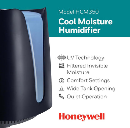 Honeywell Cool Moisture Humidifier For Bedroom, Medium Rooms, 1.1 Gallon, Invisible Moisture Humidifier for Baby, Kids, Quiet, Easy to Clean, UV Technology, Black, HCM350B