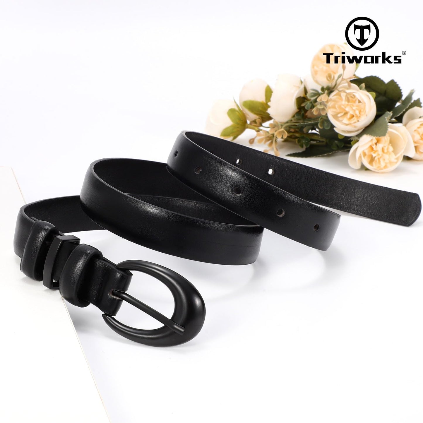 TRIWORKS Women Leather Belt for Jeans Pants Fashion Ladies Skinny Faux Leather Dress belt with Black Buckle