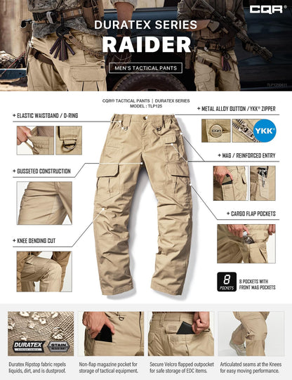CQR Men's Tactical Pants, Water Resistant Ripstop Cargo Pants, Lightweight EDC Work Hiking Pants, Outdoor Apparel, Duratex Mag Pocket Khaki, 32W x 32L