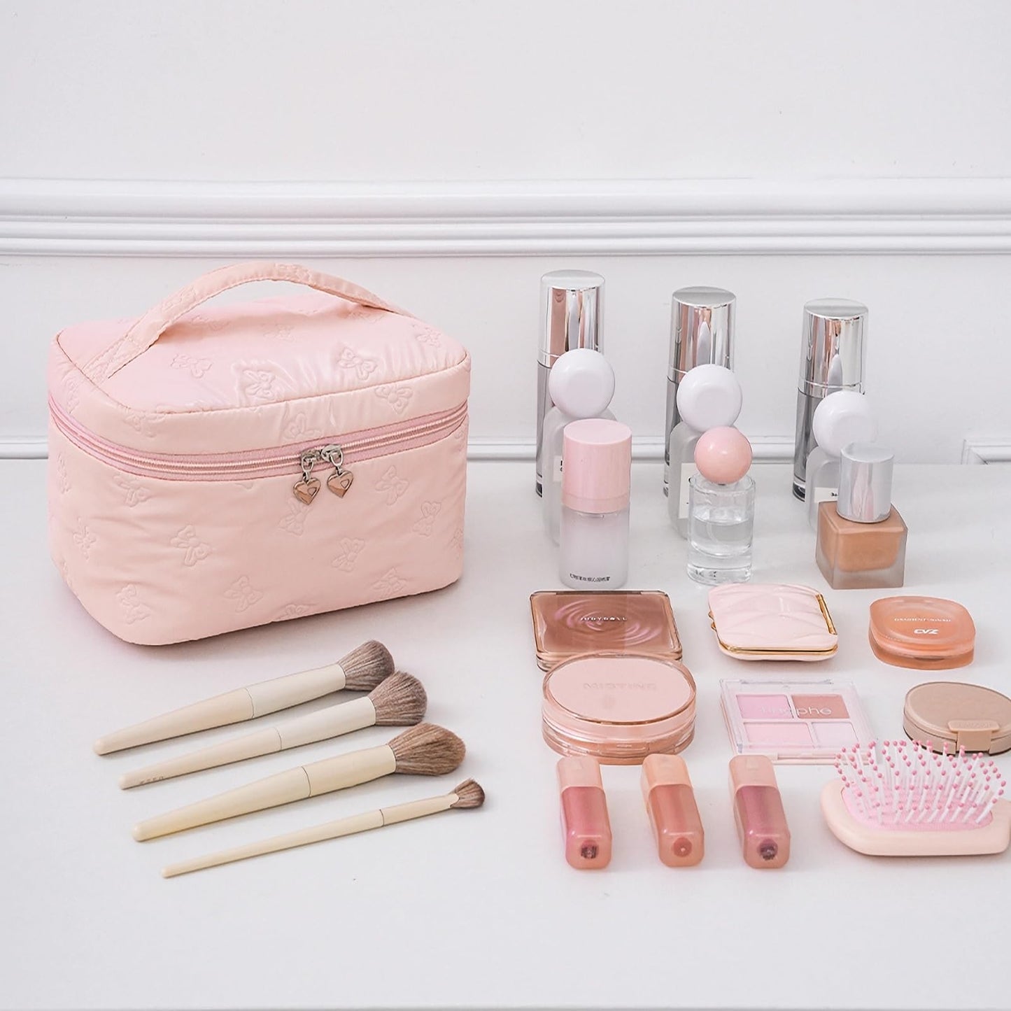 Alamealle Large Cosmetic Bags Travel Makeup Bag with Mesh Pocket Portable Cute Toiletry Bag Aesthetic Make Up Organizer with Handle for Women Girls Girls (Pink)
