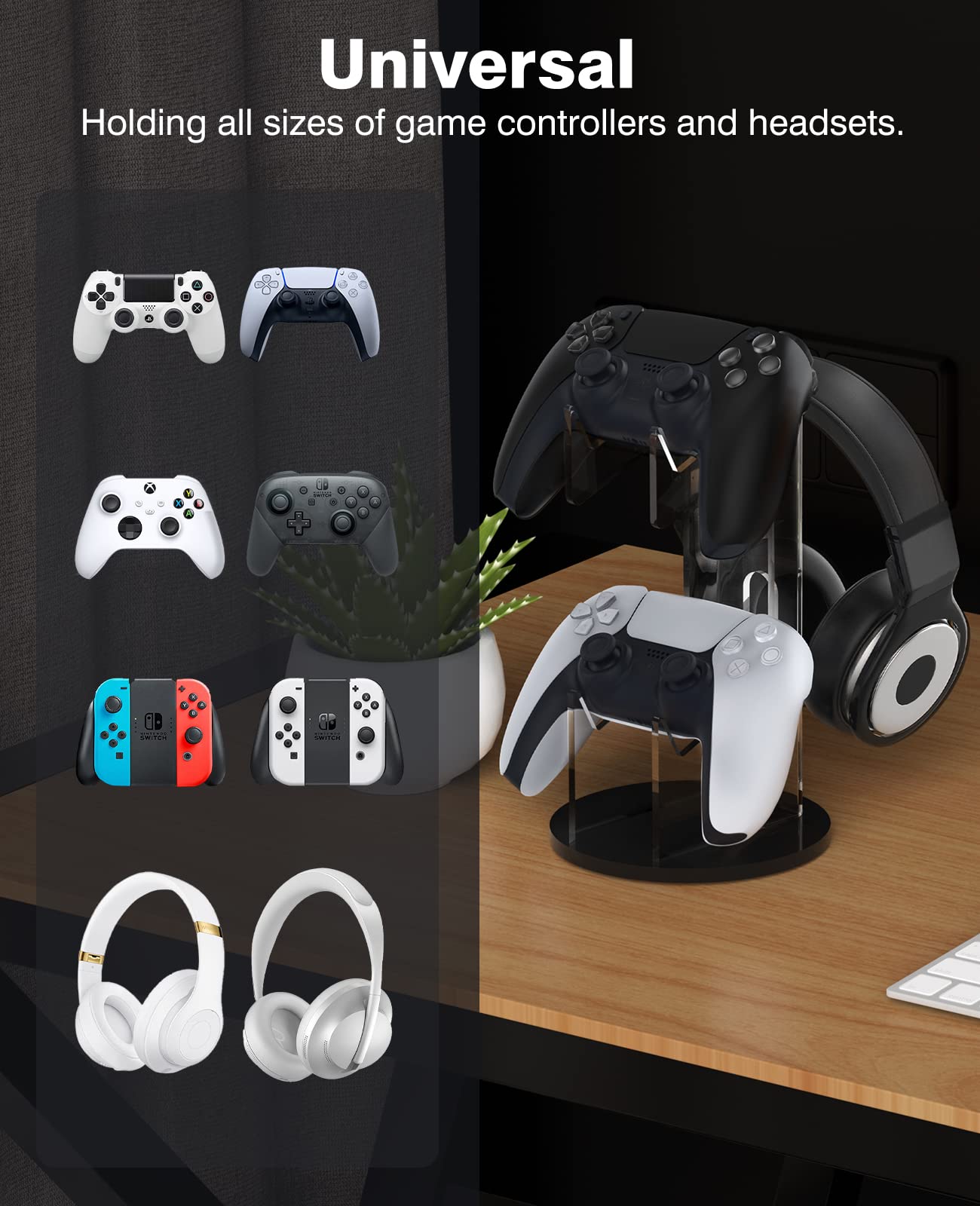 MoKo Universal Stand for Game Controller and Headset Stand, 2 in 1 Game Controller Support Holder Storage Organizer for Switch/Switch 2, ps5, ps4, Xbox One, Xbox Series, Gaming Accessorie, Black&Clear