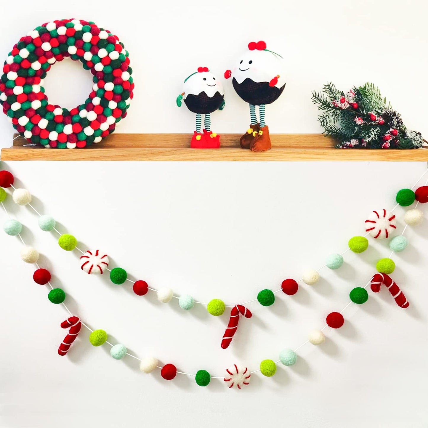 Christmas Felt Ball Garland - Peppermints Candy Cane Pom Pom Garland, Hand-Made from Natural Wool - Cute Hanging Decor for Christmas Tree, Kids Bedroom, Living Room, Nursery Decoration- 6.56 Feet Long