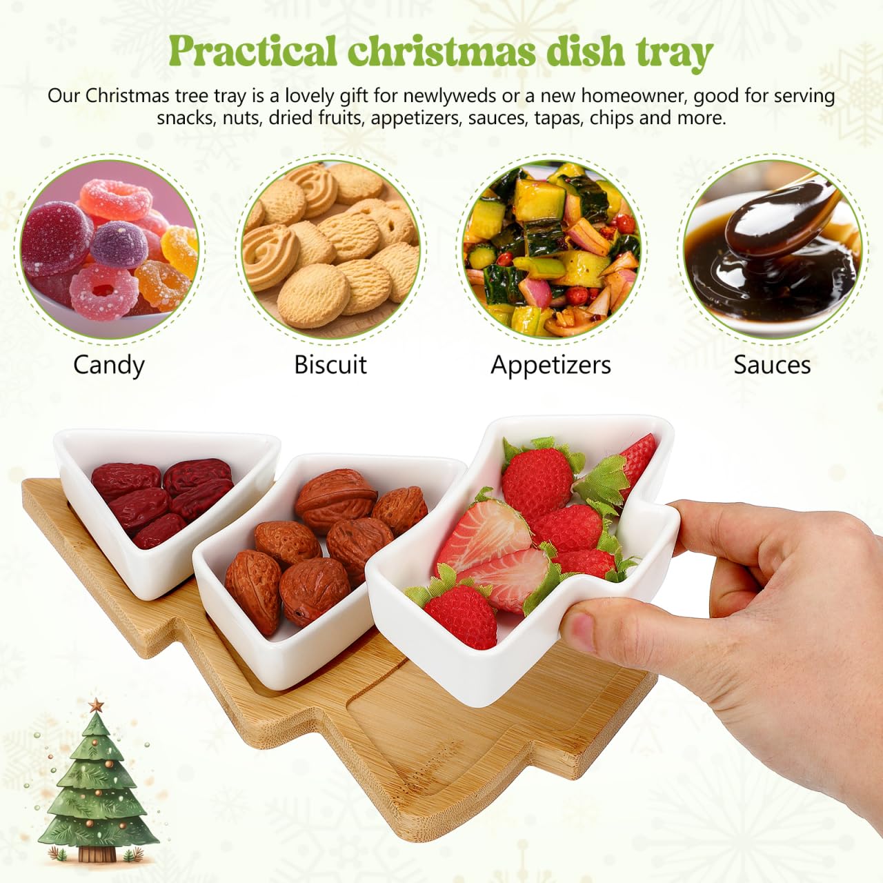 DOITOOL Christmas Serving Dish Ceramic Christmas Tree Platter with Wooden Base Xmas Serving Tray for Appetizer Candy Dessert Nuts Fruit Snack 10.6 x 7.5 Inch