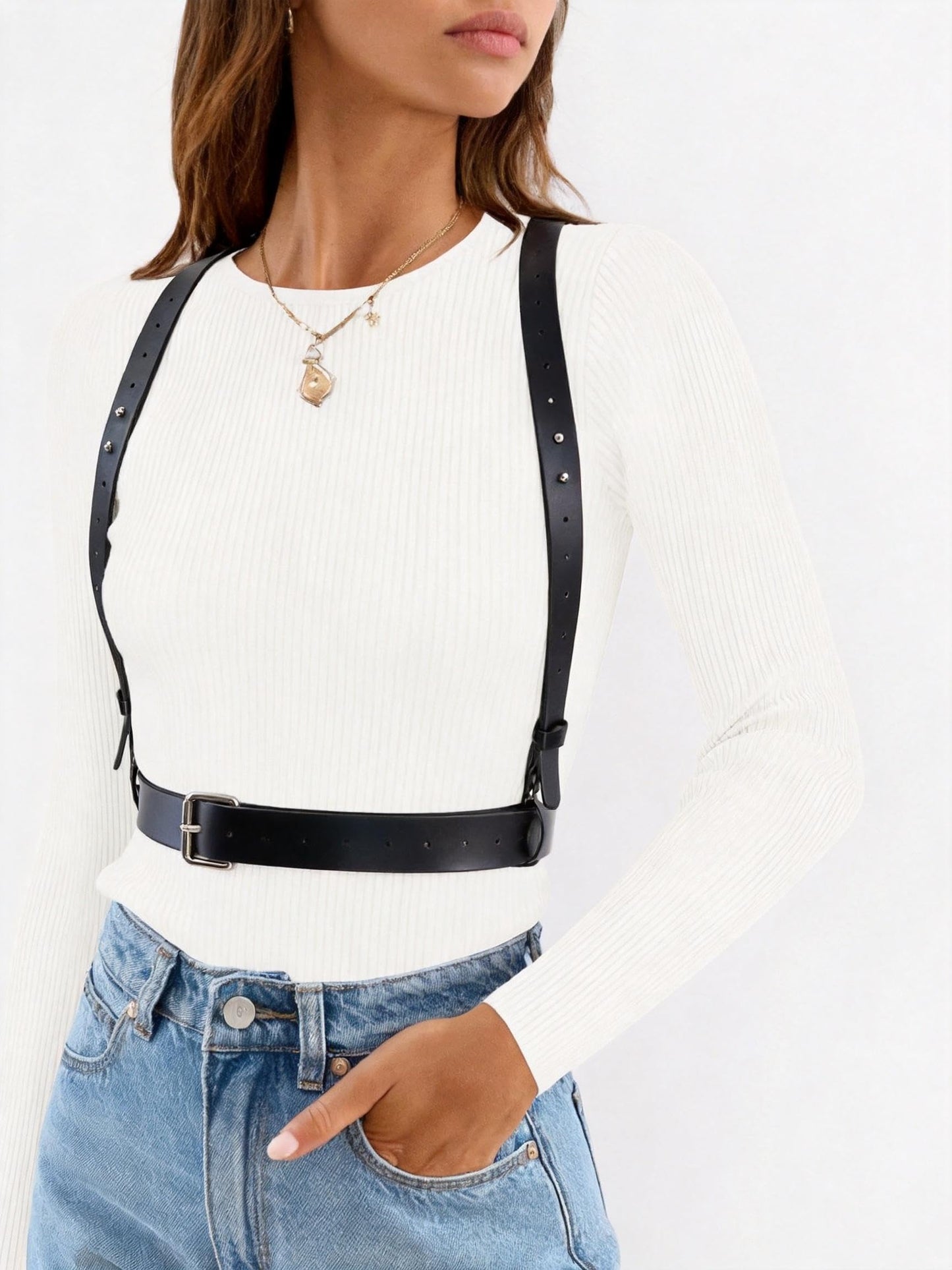 WARANDOD Women’s Adjustable Faux Leather Wide Waist Belt with Shoulder Straps, Gothic Punk Harness Style Fashion Belt, Alloy Buckle Accessory(Waist 26.0-35.4in)