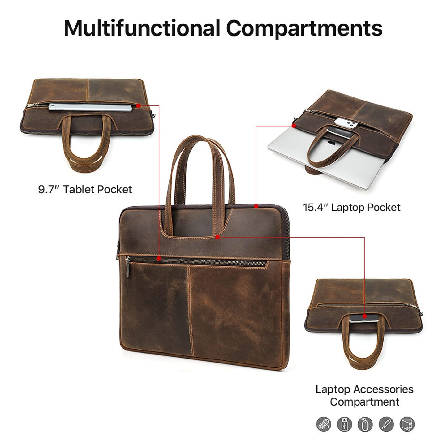 CataPurus Top Grain Leather 15.4" Slim Laptop Briefcase Handbag, Vintage Design with 5 Pockets, Handmade, Compatible with MacBook Pro/Air 13.3"/14.2"/15.4"/16" & other Laptop/Tablet, Coffee 15.4 Inch