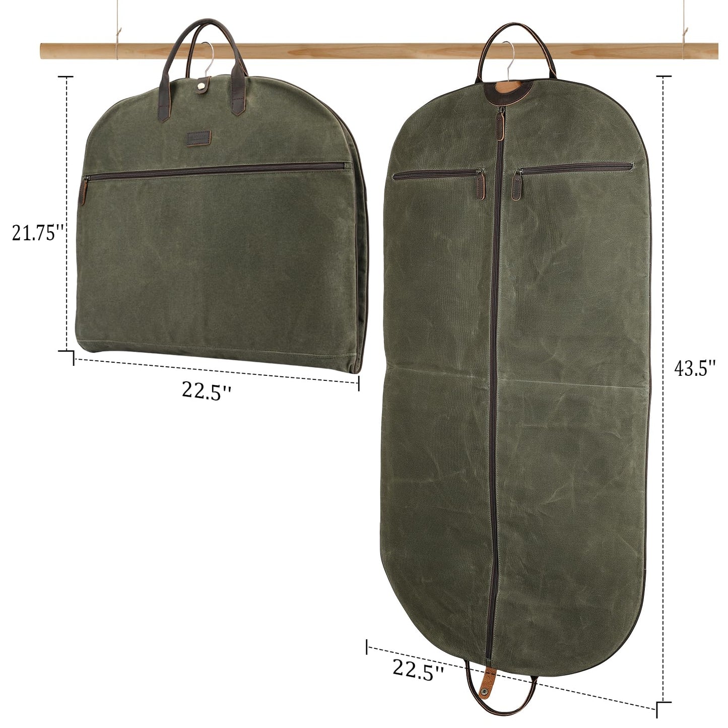 Polare 43” Waxed Canvas Full Grain Leather Trim Carry On Garment Bag for Travel, Waterproof Dust-Proof Foldable Hanging Suitcase Weekender Garment Cover with YKK Zipper (Army Green)