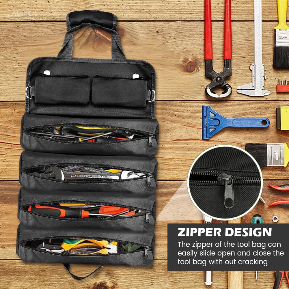 Roll Up Tool Bag, Heavy-Duty Waterproof Tool Roll Organizer with 4 Compartments and 2 Detachable Zipper Pouches, Compact Tool Storage for Mechanics, Electricians, RV and Motorcycle (Black)