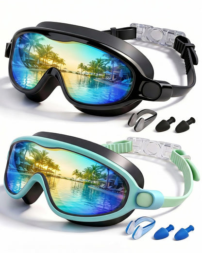 Rantizon Kids Swimming Goggles 2 Pack, Anti Fog&UV Swim Goggles for Boys Girls, No Leak Pool Beach Essentials for kid 3-14 (Black Aqua & Green Aqua)