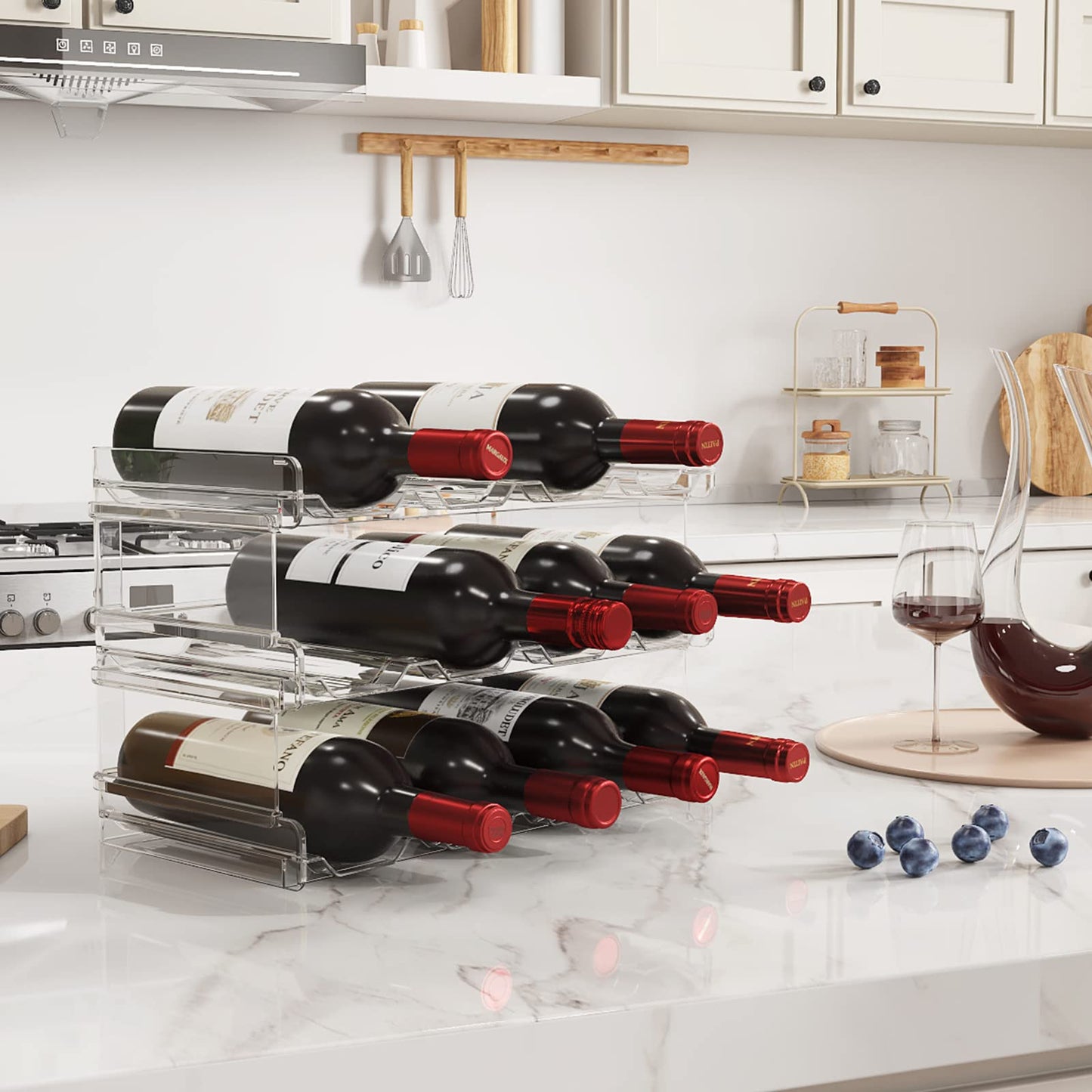 Lifewit Stackable Water Bottle Organizer for Cabinet, Plastic Bottle Holder Fits Bottles & Tumblers up to 3.8" Diameter, Pantry, Countertop & Fridge, 2 Tier Holds 8 Bottles