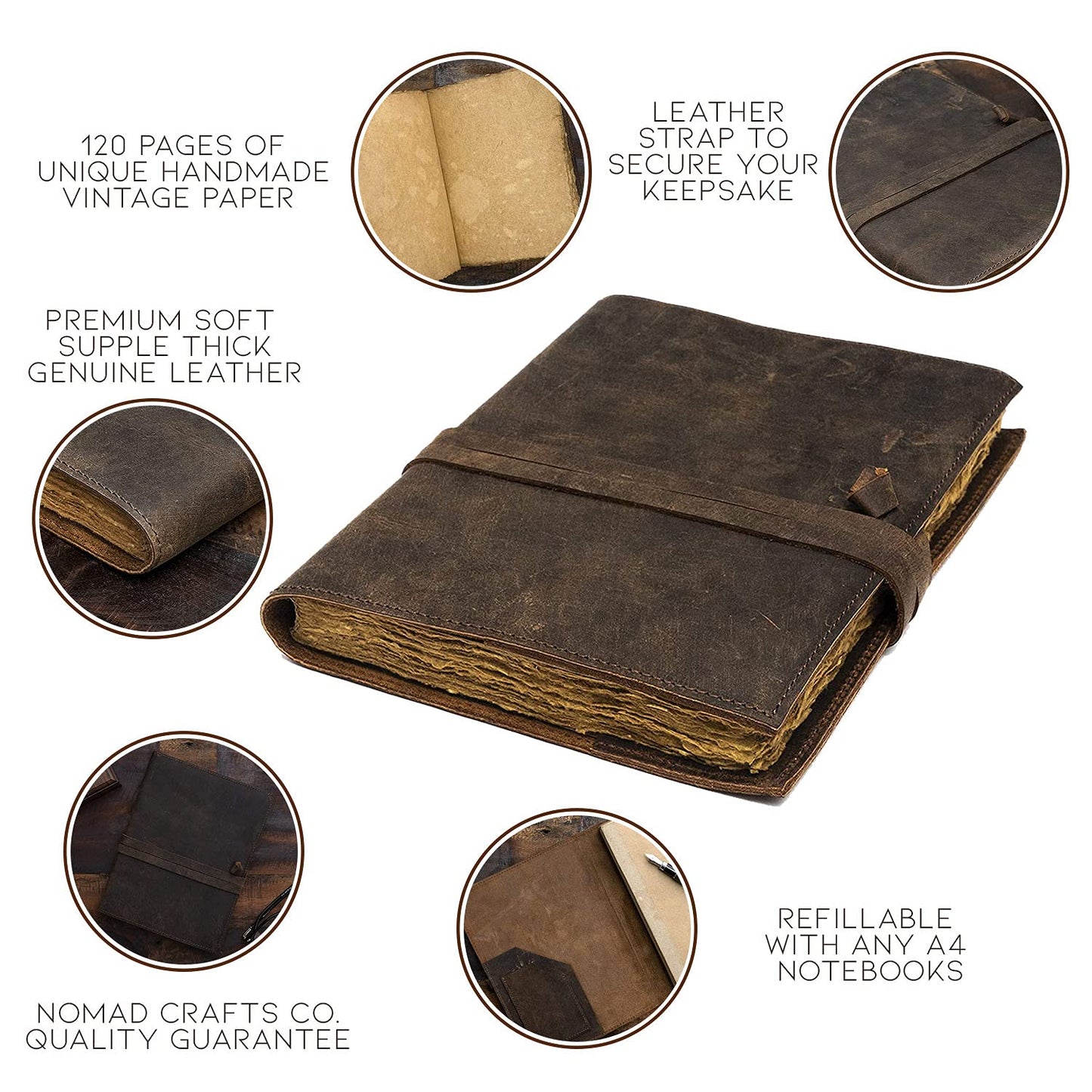 Refillable Vintage Leather Journal - Book of Shadows Journal, Vintage Journal, Writing Journal, Handmade Antique Deckle Edge Paper, Vintage Leather Journal (8.3" x 5.8" - A5, Vintage Brown)