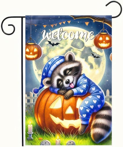 Halloween Raccoon Jack O Lantern Garden Flag Double Sided, Halloween Holiday Decorative Yard Outdoor Home Small Decor, Fall Autumn Outside House Decoration 12 x 18 inch
